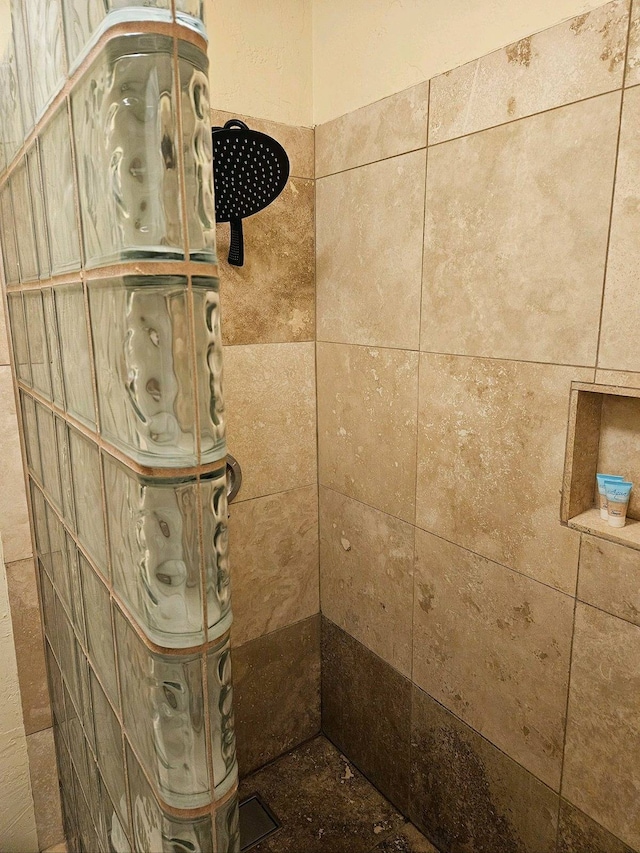 interior details featuring a tile shower