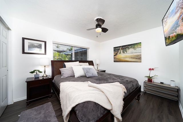 bedroom with ceiling fan, a closet, and dark hardwood / wood-style floors