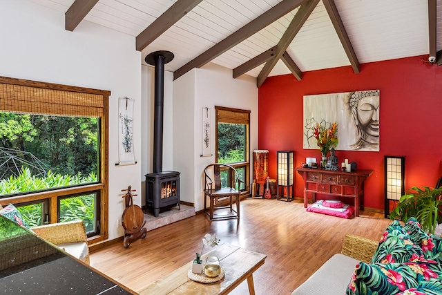 living room featuring hardwood / wood-style floors, lofted ceiling with beams, a wood stove, and a wealth of natural light