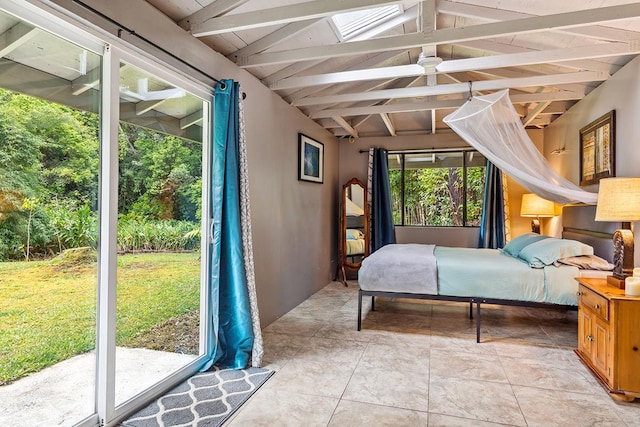 unfurnished bedroom featuring vaulted ceiling with beams, light tile patterned floors, and access to exterior