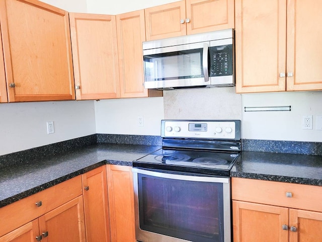 kitchen featuring dark stone counters and appliances with stainless steel finishes