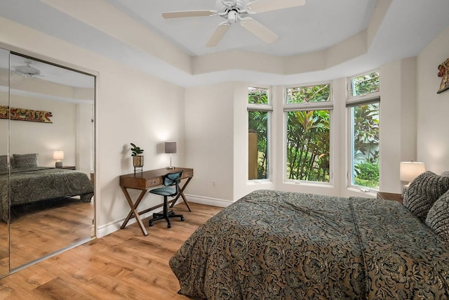 bedroom with ceiling fan, multiple windows, light hardwood / wood-style floors, and a closet