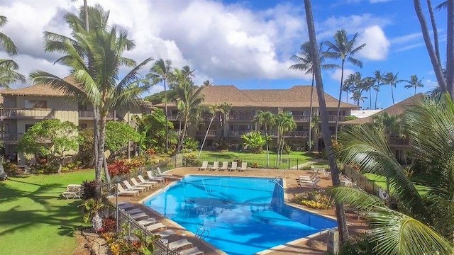 view of swimming pool featuring a lawn