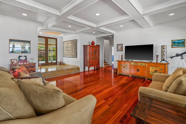 living room featuring coffered ceiling, dark wood-type flooring, french doors, ornamental molding, and beam ceiling