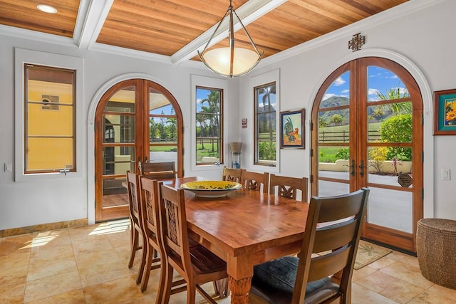 dining space featuring french doors, wood ceiling, a healthy amount of sunlight, and light tile floors