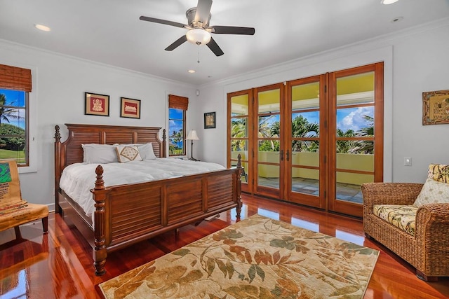 bedroom featuring ceiling fan, french doors, dark wood-type flooring, crown molding, and access to outside