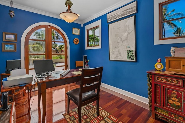 office with crown molding, french doors, and dark hardwood / wood-style flooring