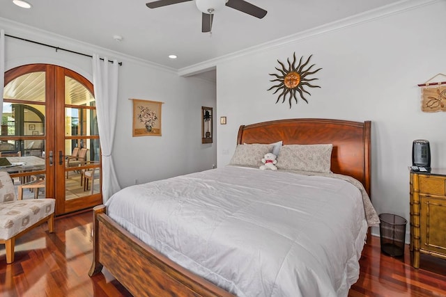 bedroom featuring dark hardwood / wood-style flooring, ceiling fan, french doors, and crown molding