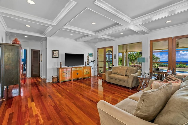 living room featuring french doors, ornamental molding, dark hardwood / wood-style flooring, beamed ceiling, and coffered ceiling