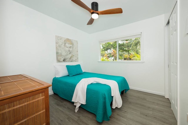 bedroom featuring ceiling fan, dark wood-type flooring, and a closet