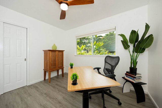 home office with light hardwood / wood-style floors and ceiling fan