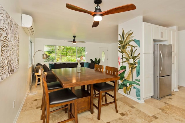 tiled dining area with ceiling fan and a wall unit AC