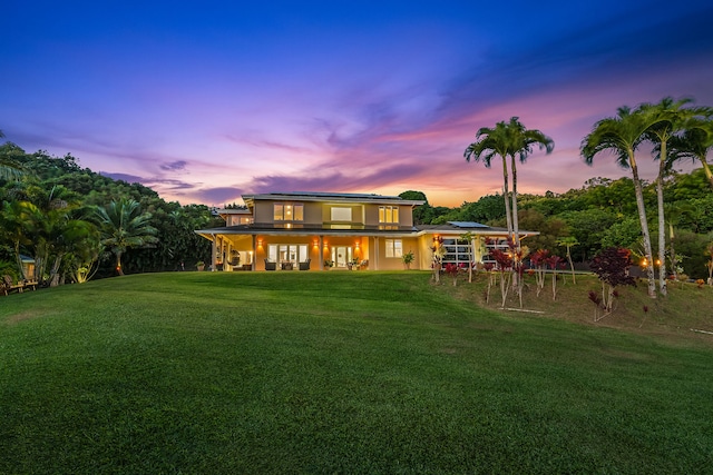 back house at dusk with a yard