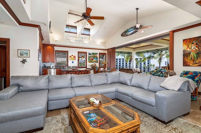 living room featuring ceiling fan, high vaulted ceiling, and light tile floors