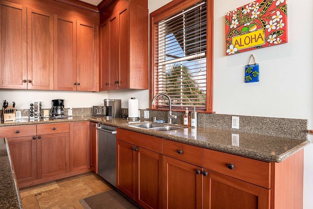 kitchen with light tile flooring, dark stone countertops, dishwasher, and sink