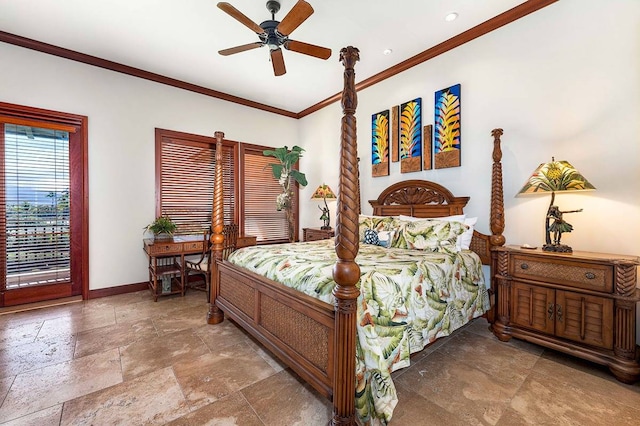 bedroom featuring access to exterior, dark tile floors, crown molding, and ceiling fan