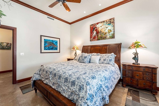 bedroom with ceiling fan and crown molding