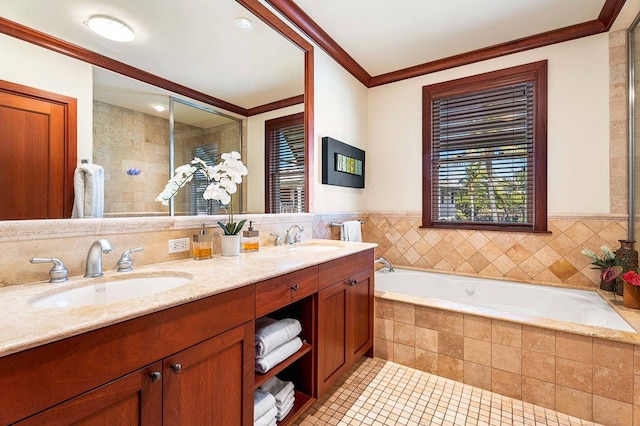 bathroom with crown molding, double sink vanity, a relaxing tiled bath, and tile floors