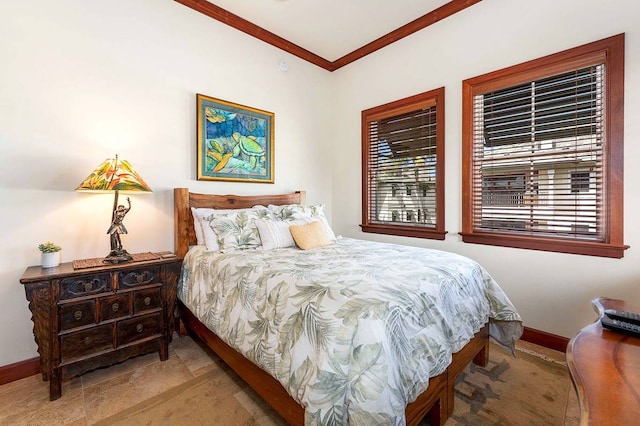 carpeted bedroom featuring ornamental molding