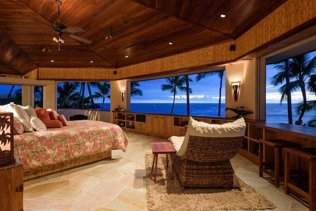 bedroom featuring light tile floors, wood ceiling, ceiling fan, and a water view