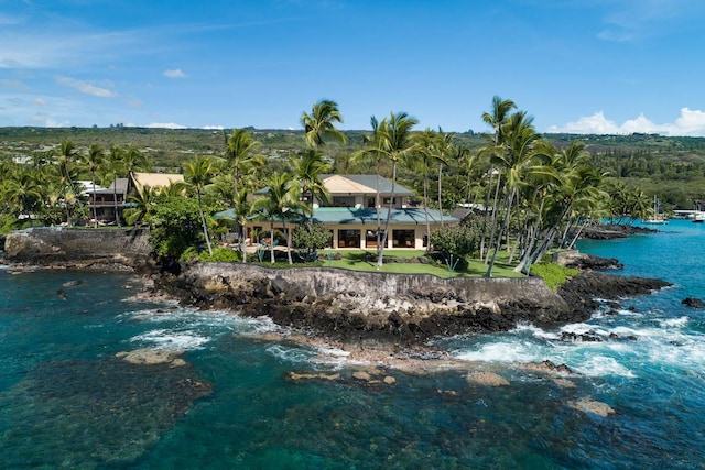 drone / aerial view with a water view