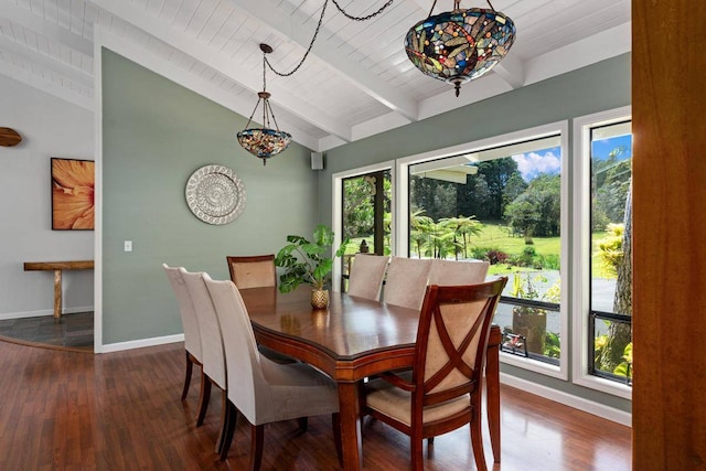 dining room with wooden ceiling, vaulted ceiling with beams, and dark hardwood / wood-style floors