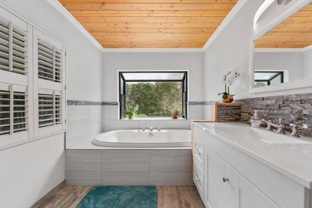 bathroom with crown molding, vanity, hardwood / wood-style flooring, and wooden ceiling