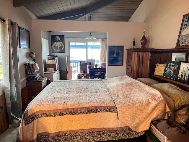 carpeted bedroom with vaulted ceiling with beams and wooden ceiling