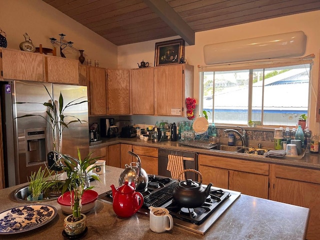 kitchen featuring stainless steel fridge, sink, beam ceiling, dishwasher, and wood ceiling