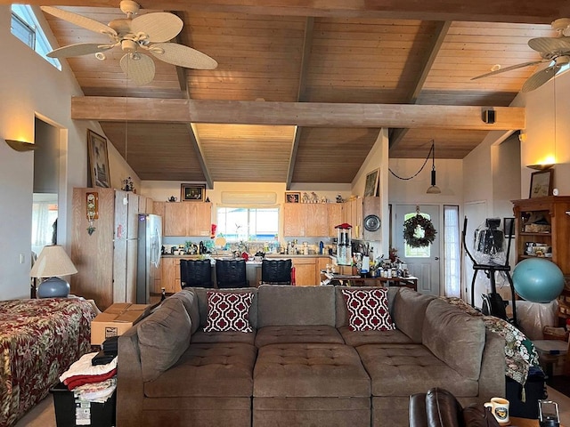 living room featuring wooden ceiling, ceiling fan, beamed ceiling, and high vaulted ceiling