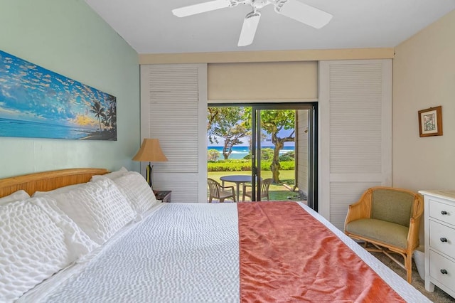 bedroom featuring ceiling fan, access to exterior, and carpet