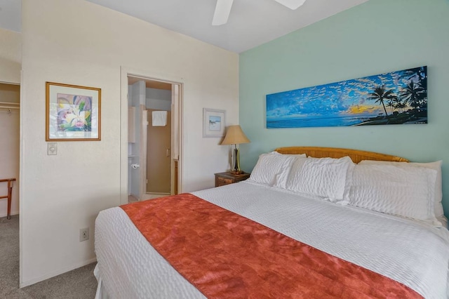 bedroom featuring ceiling fan, light colored carpet, and a closet