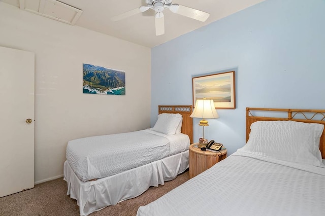 bedroom with ceiling fan and carpet