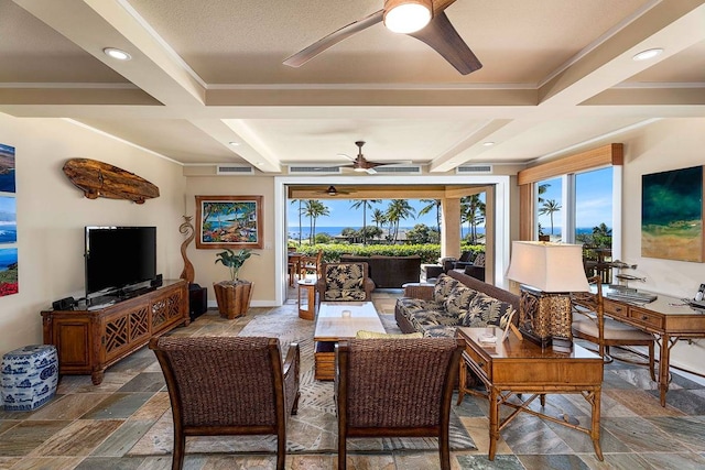 interior space with beamed ceiling, ceiling fan, and coffered ceiling