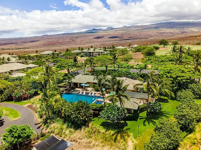 birds eye view of property with a mountain view