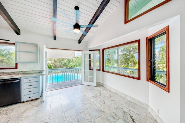 kitchen featuring wooden ceiling, black dishwasher, french doors, light tile floors, and lofted ceiling with beams