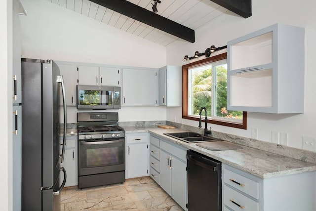 kitchen featuring sink, stainless steel appliances, light tile floors, light stone counters, and lofted ceiling with beams