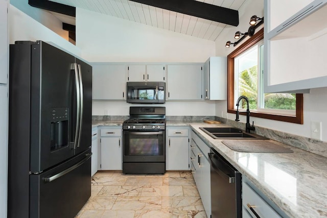 kitchen featuring light tile floors, sink, wooden ceiling, lofted ceiling with beams, and black appliances