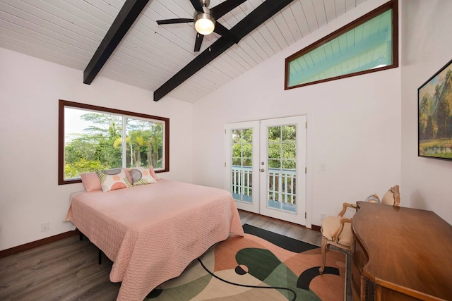 bedroom featuring dark hardwood / wood-style flooring, ceiling fan, french doors, and lofted ceiling with beams