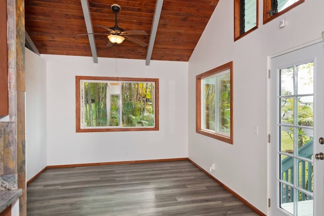 spare room featuring dark hardwood / wood-style floors, ceiling fan, wood ceiling, beamed ceiling, and high vaulted ceiling