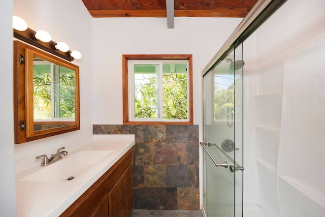 bathroom featuring tile walls, a wealth of natural light, large vanity, and an enclosed shower