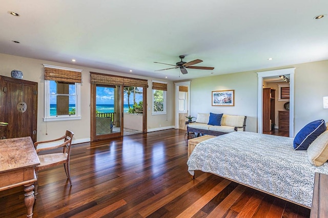 bedroom featuring ceiling fan, access to exterior, and dark wood-type flooring