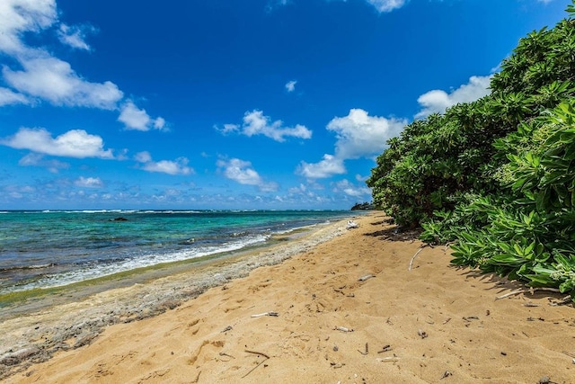 view of water feature with a beach view