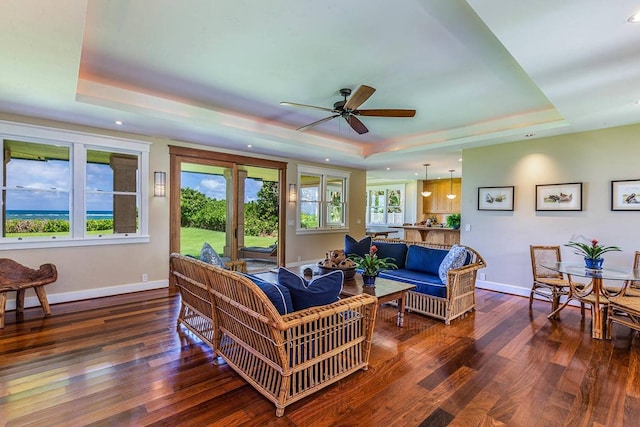 living room with dark hardwood / wood-style flooring, plenty of natural light, and a raised ceiling