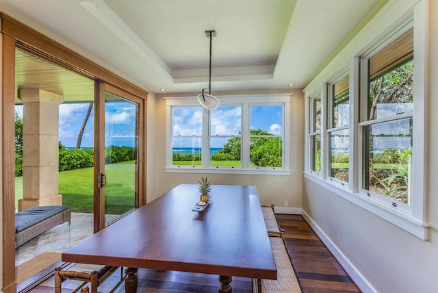 sunroom / solarium featuring plenty of natural light and a tray ceiling