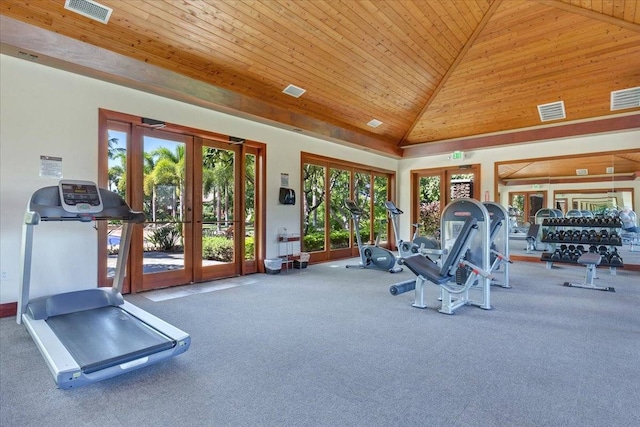 workout area with high vaulted ceiling, carpet floors, and wooden ceiling