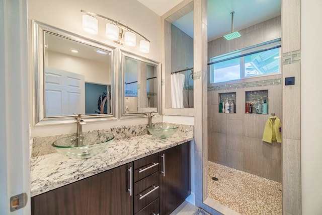 bathroom with walk in shower and large vanity