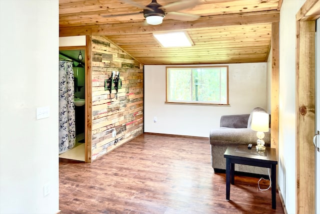 sitting room featuring wooden ceiling, lofted ceiling, hardwood / wood-style floors, and ceiling fan