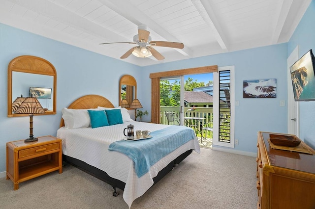 carpeted bedroom featuring ceiling fan, access to outside, and beamed ceiling