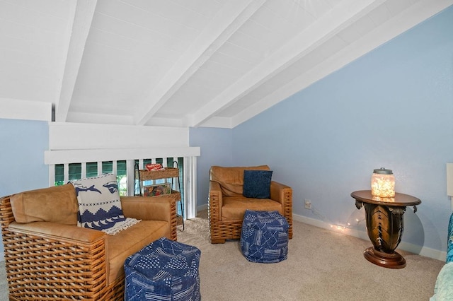 living area with light colored carpet and lofted ceiling with beams